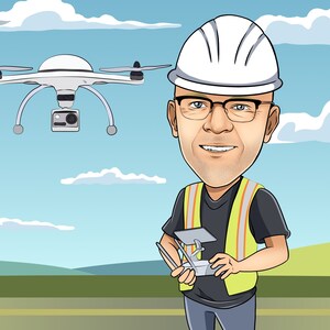 May include: Cartoon illustration of a man wearing a white hard hat, glasses, and a yellow safety vest, holding a drone controller. A white drone with a camera hovers in the sky above him, against a backdrop of blue sky and green hills.