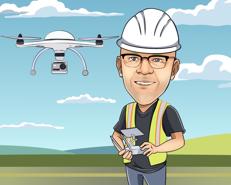 May include: Cartoon illustration of a man wearing a white hard hat, glasses, and a yellow safety vest, holding a drone controller. A white drone with a camera hovers in the sky above him, against a backdrop of blue sky and green hills.