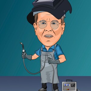 May include: A cartoon illustration of a welder wearing a welding mask, gloves, and a blue shirt with grey overalls. The welder is holding a welding torch and standing next to a welding machine.