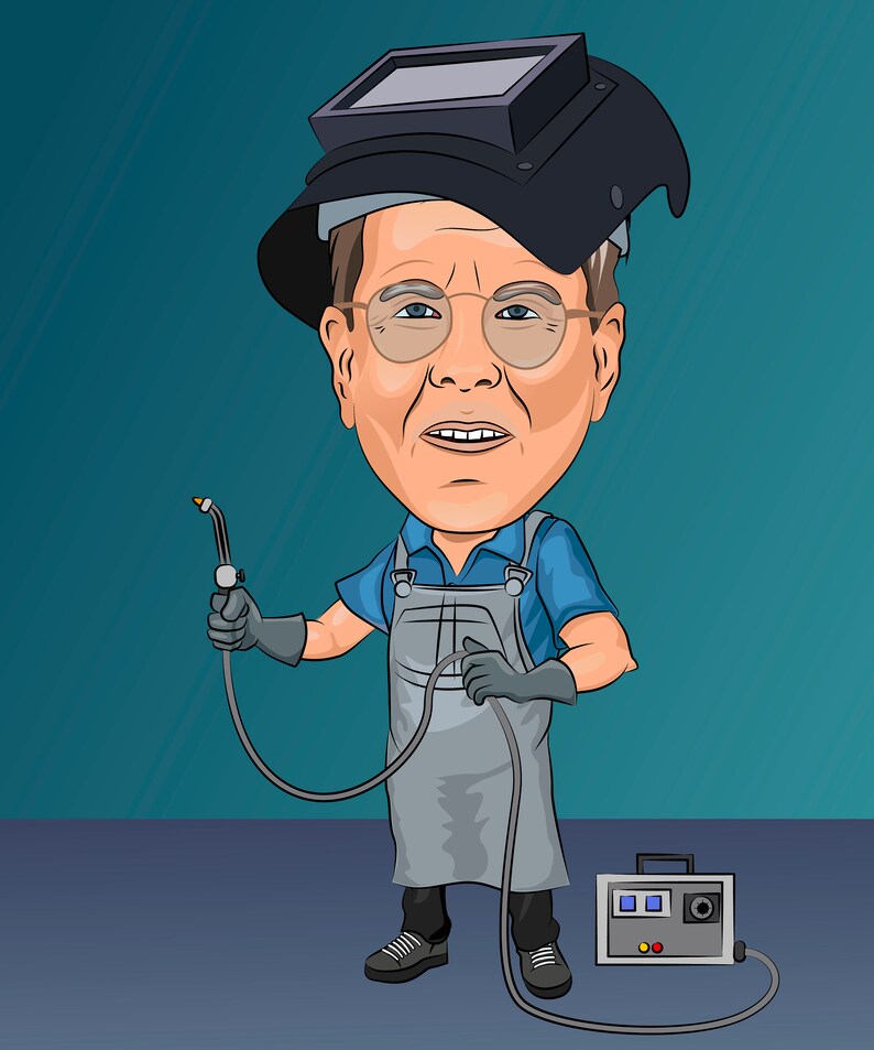 May include: A cartoon illustration of a welder wearing a welding mask, gloves, and a blue shirt with grey overalls. The welder is holding a welding torch and standing next to a welding machine.