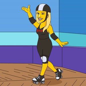 May include: A yellow roller derby skater with black and white knee pads and roller skates. The skater is wearing a black tank top with the letters "BHP" in red. The skater is wearing a white helmet with a black stripe and is smiling.