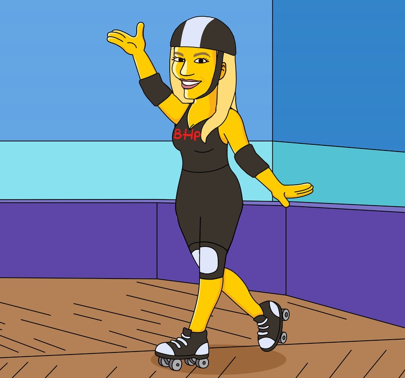 May include: A yellow roller derby skater with black and white knee pads and roller skates. The skater is wearing a black tank top with the letters "BHP" in red. The skater is wearing a white helmet with a black stripe and is smiling.