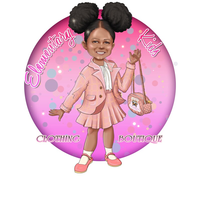K&ouml;nnte beinhalten: Eine Cartoon-Illustration eines jungen M&auml;dchens, das eine rosa karierte Jacke und einen Rock tr&auml;gt und eine rosa Handtasche mit einem wei&szlig;en Eulen-Design h&auml;lt. Der Hintergrund ist ein rosa Kreis mit wei&szlig;en Punkten und dem Text "Elementary Kids Clothing Boutique".