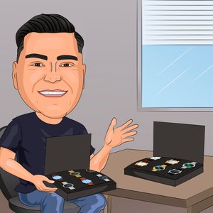 May include: A man is holding a black box with a variety of watches inside. The box is open and the watches are visible. The watches are in different colors and styles. The man is smiling and looking at the camera.