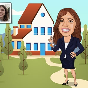 May include: A cartoon illustration of a woman holding keys in front of a white house with a red roof. The woman is wearing a blue suit and a white shirt. The house has blue windows and a blue door. There are green trees in the background.
