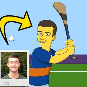 Gelber Hurling Spieler Charakter - Portrait vom Foto als gelber Charakter / Hurling Coach Geschenk