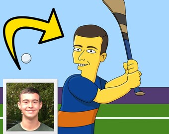 Regalo para jugador de hurling: retrato personalizado a partir de una foto como personaje amarillo / regalo para entrenador de hurling
