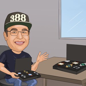 May include: A cartoon man wearing a black t-shirt and a black and white baseball cap with the number 388 on it, is sitting in a chair and holding a black box with several watches inside.  There is another black box on a table with several watches inside.