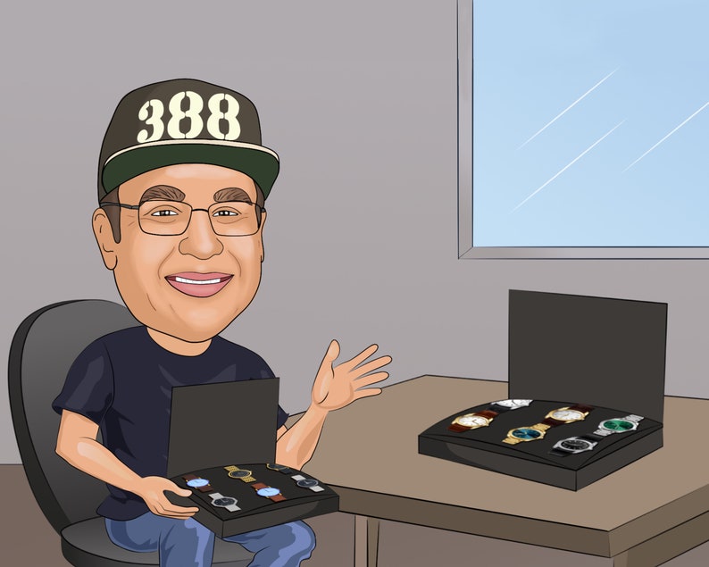 May include: A cartoon man wearing a black t-shirt and a black and white baseball cap with the number 388 on it, is sitting in a chair and holding a black box with several watches inside.  There is another black box on a table with several watches inside.