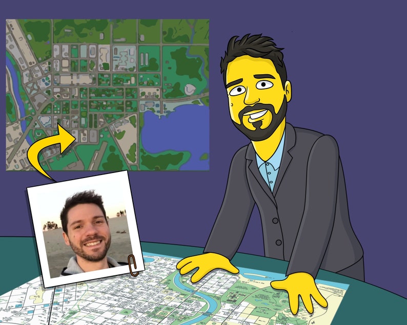 May include: A cartoon illustration of a person with a yellow head and beard, wearing a gray suit jacket and blue shirt, standing at a table with a map spread out. The person is pointing at the map with their right hand. A photo of a person is on the table next to the map.