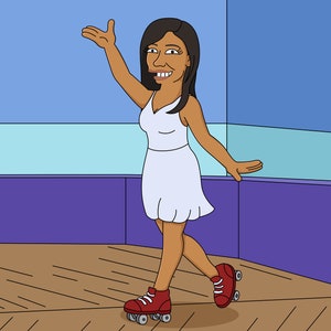 May include: A woman wearing a white dress and red roller skates is smiling and waving. She is standing on a wooden floor with a blue and purple wall behind her.