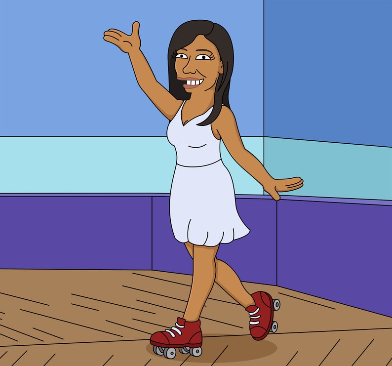 May include: A woman wearing a white dress and red roller skates is smiling and waving. She is standing on a wooden floor with a blue and purple wall behind her.
