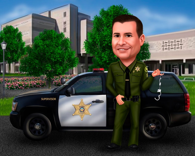 May include: A cartoon caricature of a sheriff in a green uniform and a black tie, standing next to a black and white police car with the word "SUPERVISOR" on the side. The sheriff is holding handcuffs in his right hand.