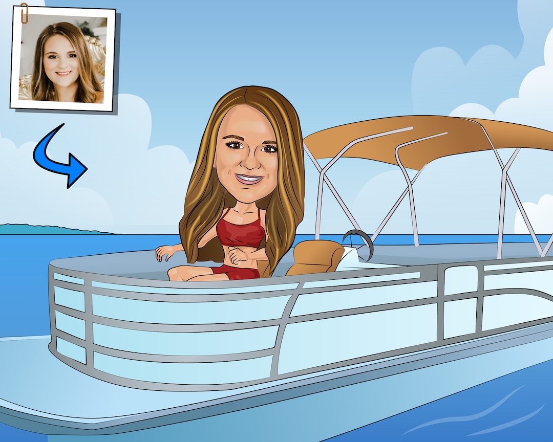 Pontoon Captain Gift Custom Caricature From Photo, Pontooning Gift