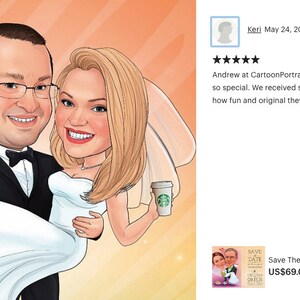 Puede incluir: Una ilustraci&oacute;n de dibujos animados de una pareja el d&iacute;a de su boda. El novio, con un esmoquin negro, lleva a la novia, que lleva un vestido blanco sin tirantes. La novia sostiene una taza de caf&eacute;. El fondo es un degradado de naranja y amarillo.