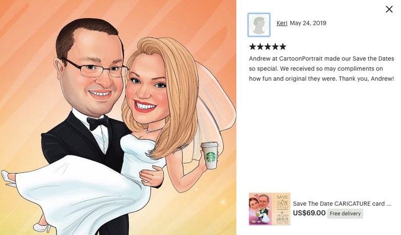 Puede incluir: Una ilustraci&oacute;n de dibujos animados de una pareja el d&iacute;a de su boda. El novio, con un esmoquin negro, lleva a la novia, que lleva un vestido blanco sin tirantes. La novia sostiene una taza de caf&eacute;. El fondo es un degradado de naranja y amarillo.