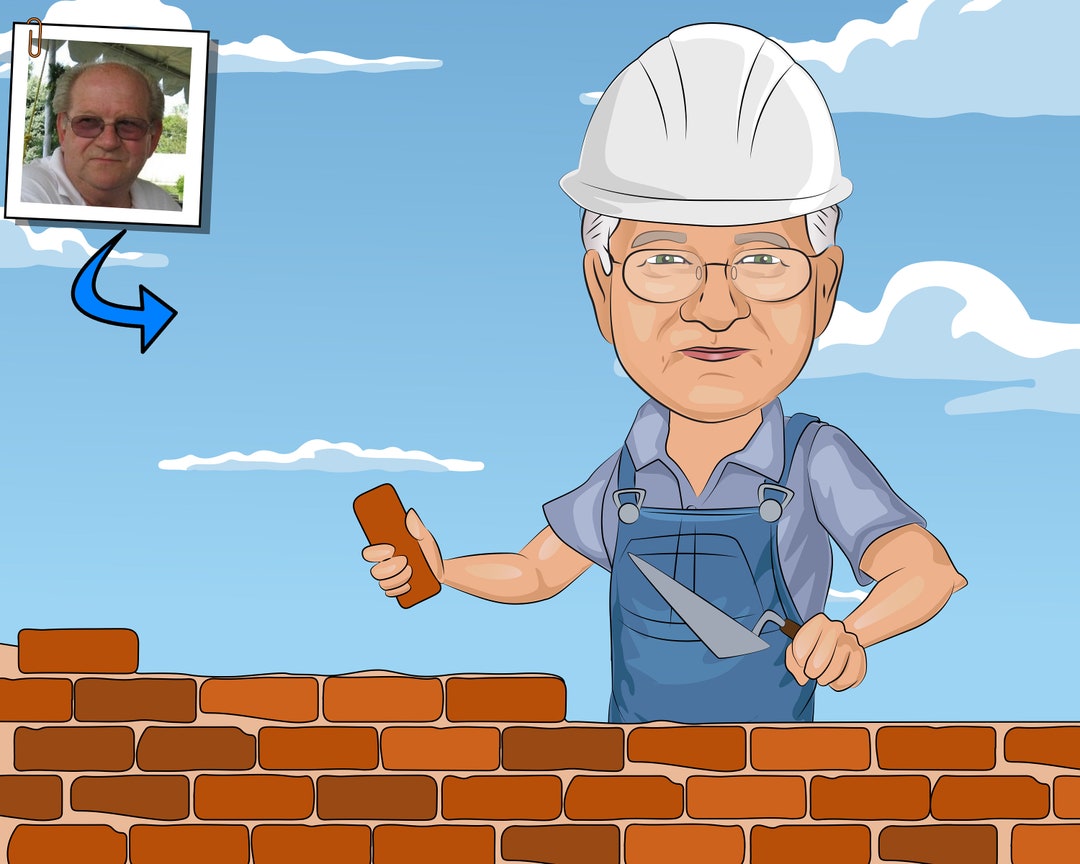Brick Mason Gift Custom Caricature Portrait From Photo / Bricklayer