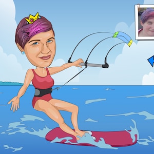 Kitesurfercadeau: aangepast karikatuurportret van je foto / kitesurfkunst