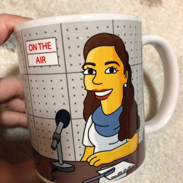 Radio presenter custom portrait mug as yellow cartoon character, broadcaster gift, dj/reporter/news anchor gift, radio host gift, radio mug