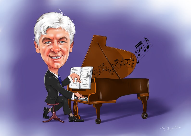 Pianist Gift Caricature Portrait from Photo / piano teacher gift / piano player gift image 1