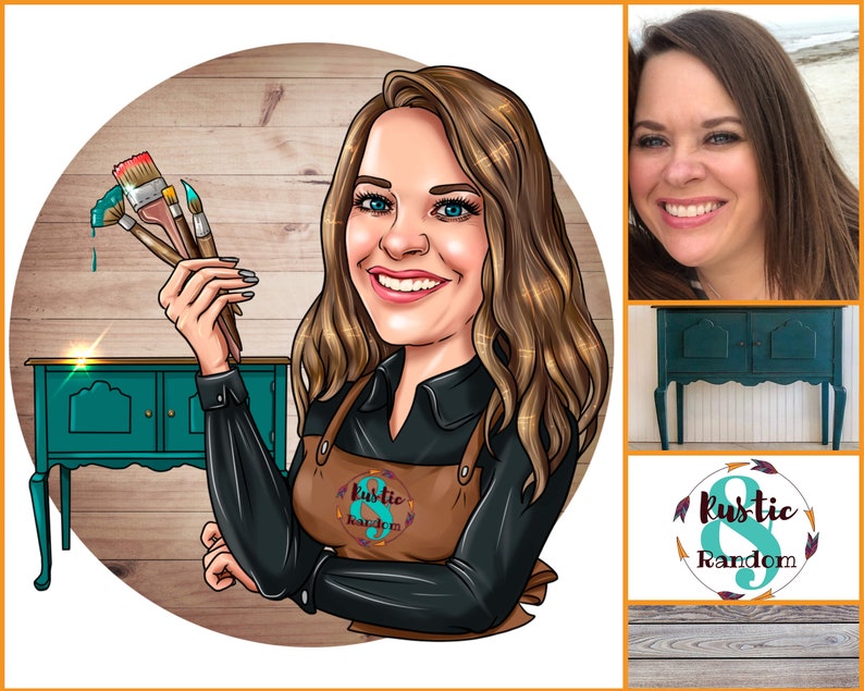 May include: A woman holding paintbrushes in front of a teal painted dresser. The dresser has a rustic wood top and a logo that says "Rustic Random" with a number 8 in the center.
