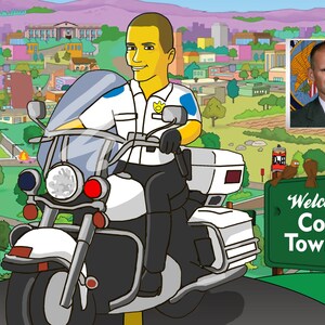 May include: A cartoon illustration of a police officer riding a white motorcycle in front of a cartoon town. The sign reads "Welcome to Collier Township".