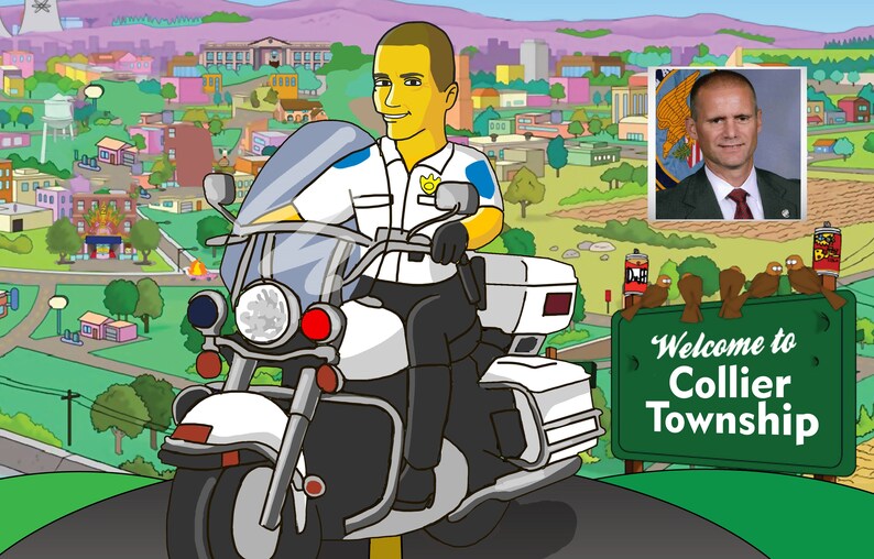 May include: A cartoon illustration of a police officer riding a white motorcycle in front of a cartoon town. The sign reads "Welcome to Collier Township".