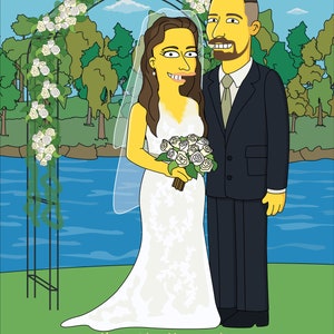 May include: A cartoon illustration of a couple in wedding attire standing under a floral archway. The bride is wearing a white wedding dress and the groom is wearing a black suit. The background is a green grassy area with a blue lake and trees.