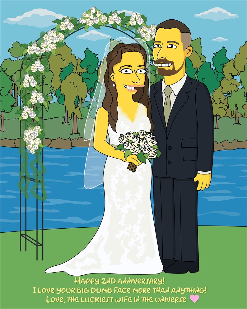 May include: A cartoon illustration of a couple in wedding attire standing under a floral archway. The bride is wearing a white wedding dress and the groom is wearing a black suit. The background is a green grassy area with a blue lake and trees.