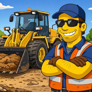 May include: Cartoon illustration of a construction worker in a blue cap, sunglasses, and orange safety vest, standing in front of a yellow front-end loader. The background shows a construction site with a blue sky and clouds.