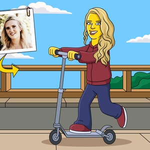 Scooter Rider Gift - Custom Portrait from Photo as Yellow Character / Scooter Rider art