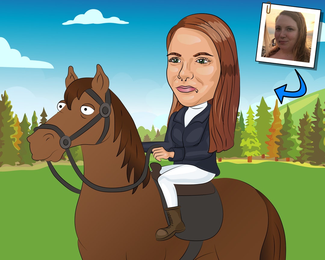 Custom Horse Rider Caricature Portrait: Unique Equestrian Gift (digital ...