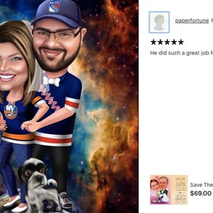 Puede incluir: Una ilustraci&oacute;n de dibujos animados de una pareja con camisetas de hockey y una gorra de b&eacute;isbol, de pie sobre un globo terr&aacute;queo con dos perros peque&ntilde;os. El fondo es una nebulosa colorida. La mujer lleva un velo. El texto dice "Save The Date CARICATURE card".