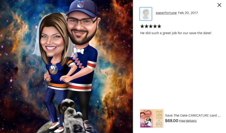 Puede incluir: Una ilustraci&oacute;n de dibujos animados de una pareja con camisetas de hockey y una gorra de b&eacute;isbol, de pie sobre un globo terr&aacute;queo con dos perros peque&ntilde;os. El fondo es una nebulosa colorida. La mujer lleva un velo. El texto dice "Save The Date CARICATURE card".