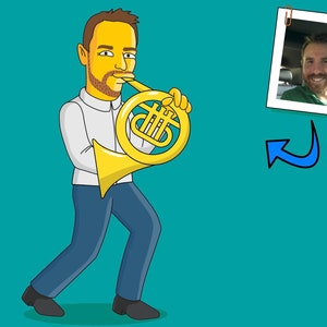 Prezent dla gracza na waltorni - Portret postaci z kreskówki / Sztuka na waltorni / Prezent na waltornię / Instrument na waltornię