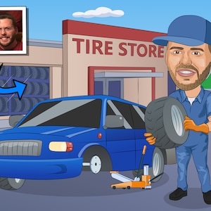 Cadeau pour technicien de pneus - caricature personnalisée à partir d&#39;une photo, oeuvre d&#39;art d&#39;une boutique de pneus