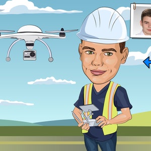 May include: Cartoon illustration of a man operating a drone. He wears a white hard hat, a yellow safety vest, and holds a remote control. A white drone with a camera hovers in the background. A headshot of the man is in the upper right corner.