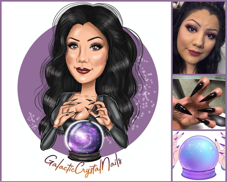 Puede incluir: Una ilustraci&oacute;n de dibujos animados de una mujer con cabello negro largo sosteniendo una bola de cristal con una galaxia en su interior. El texto "Galactic Crystal Nails" est&aacute; debajo de la bola de cristal.
