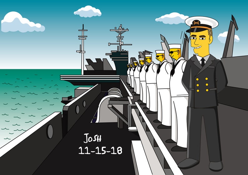 May include: Cartoon illustration of a naval officer and crew on a ship. The officer wears a dark uniform and cap. The crew is in white uniforms. The ship is on the sea under a blue sky with clouds. Text reads "Josh 11-15-18."