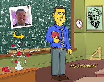 Physik Lehrer Geschenk - Individuelles Portrait als Cartoon Charakter / Physik Geschenk Idee / Physik Studenten Geschenk / Physiker Geschenk / Physik Professor