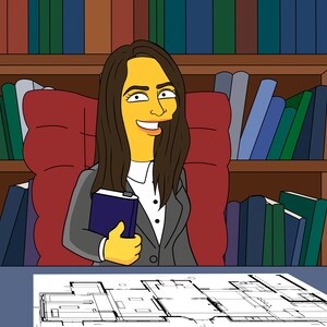 May include: A cartoon illustration of a woman sitting in a red chair with a book in her hand. She is wearing a gray suit jacket and a white shirt. Behind her is a bookshelf filled with books. In front of her is a blueprint.