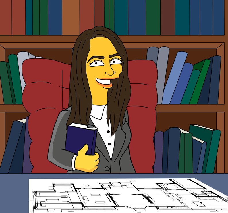 May include: A cartoon illustration of a woman sitting in a red chair with a book in her hand. She is wearing a gray suit jacket and a white shirt. Behind her is a bookshelf filled with books. In front of her is a blueprint.