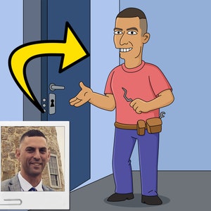 Locksmith Gift - Custom Portrait from your Photo as Yellow Character / handyman gift