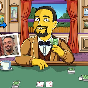 Cadeau de joueur de Briscola - Portrait personnalisé à partir d'une photo en personnage jaune, cartes scopa