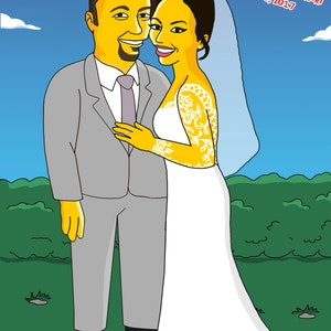 May include: A cartoon illustration of a wedding couple. The groom is wearing a gray suit with a purple tie. The bride is wearing a white wedding dress with a veil. The background is a blue sky with white clouds and green bushes.