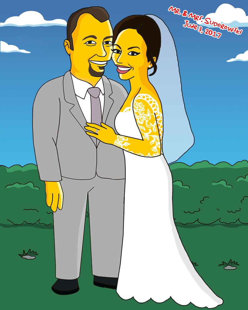 May include: A cartoon illustration of a wedding couple. The groom is wearing a gray suit with a purple tie. The bride is wearing a white wedding dress with a veil. The background is a blue sky with white clouds and green bushes.