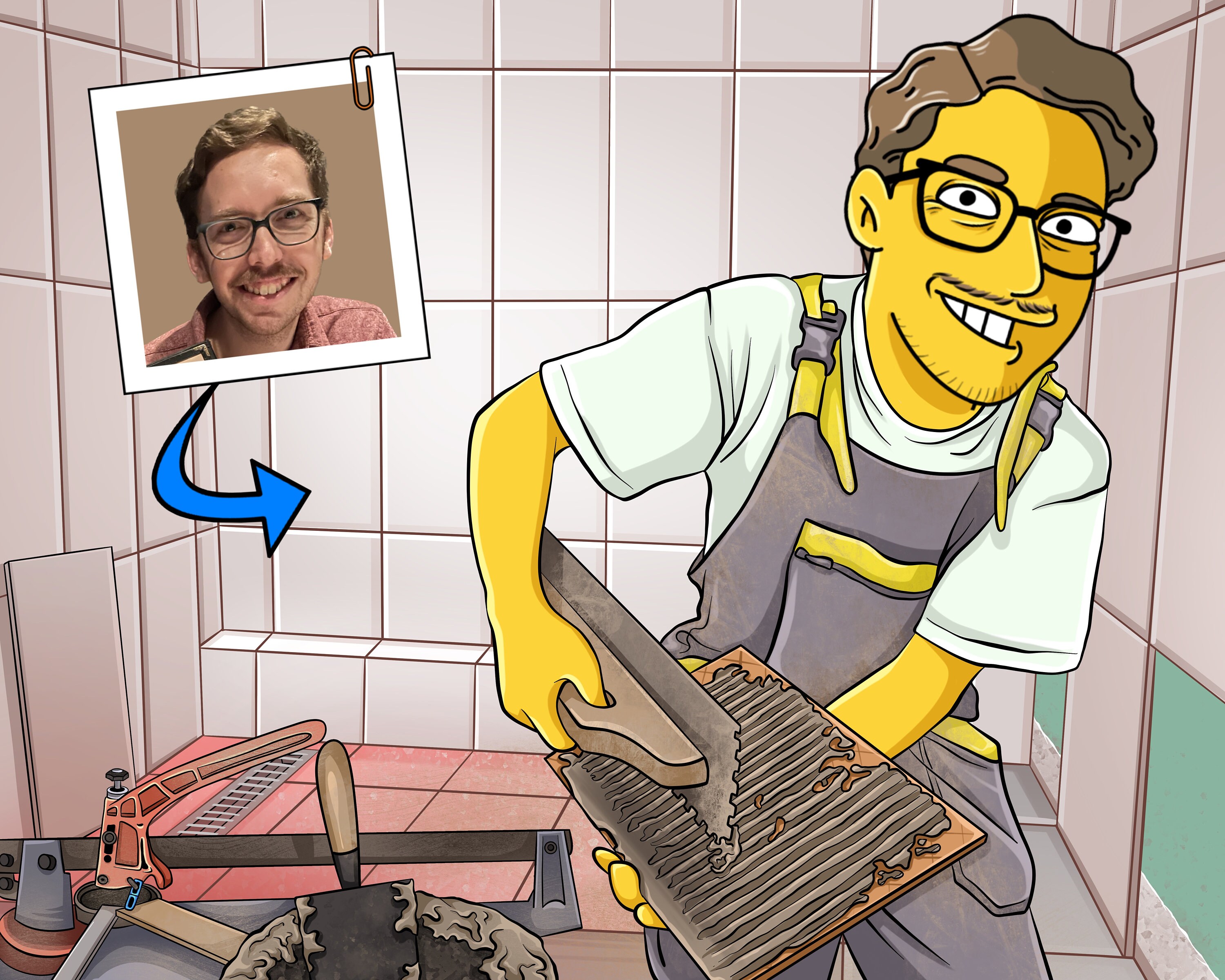 Tile Installer Gift - Custom Portrait from Photo as Yellow Character, Tile Setter