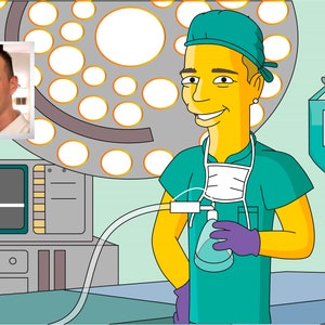 May include: A cartoon illustration of a doctor wearing a green surgical scrub top and a blue surgical cap. The doctor is holding a green oxygen mask and a clear tube. The doctor is in an operating room with a medical monitor, a surgical light, and an IV bag.