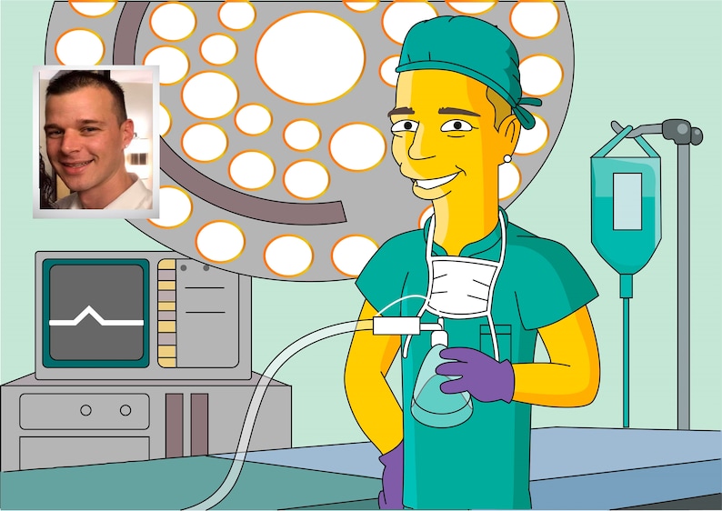 May include: A cartoon illustration of a doctor wearing a green surgical scrub top and a blue surgical cap. The doctor is holding a green oxygen mask and a clear tube. The doctor is in an operating room with a medical monitor, a surgical light, and an IV bag.