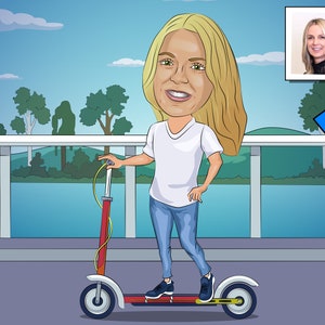 Electric Scooter Gift - Custom Caricature From Photo, push scooter